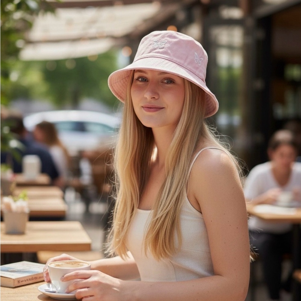 Light Pink Embroidered Bucket Hat for Women - Casual Sun Style